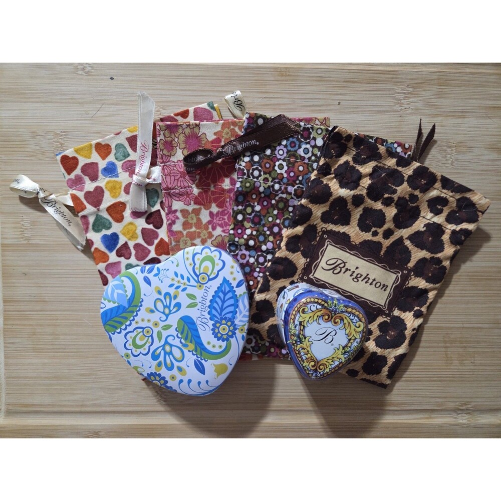 Brighton Drawstring Fabric Jewelry Pouch  Gift Bag Hearts 4 Bags + 2 Heart Tin